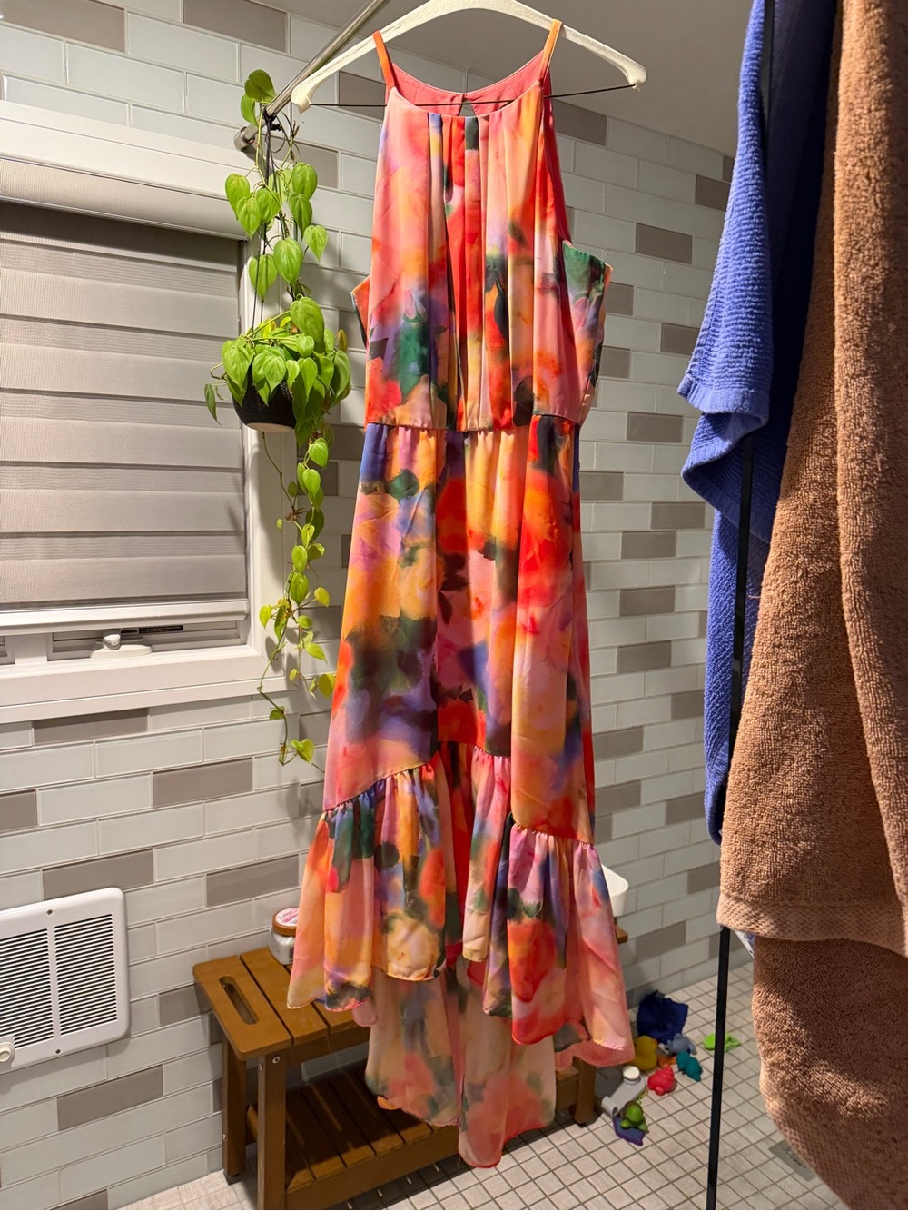 Watercolor Floral High-Low Maxi Dress in Coral Multi